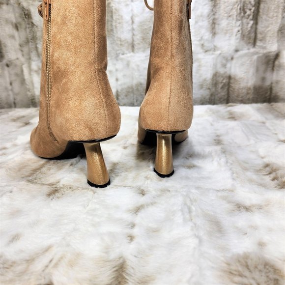 ☆ Adorable Nude Suede 2" Gold Chunky Heel Ankle Bootie - Picture 4 of 7
